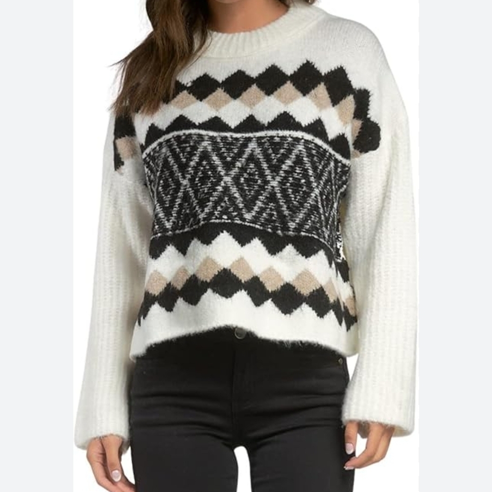 Elan White and Black Patterned Crew Neck Sweater - Picture 8 of 13
